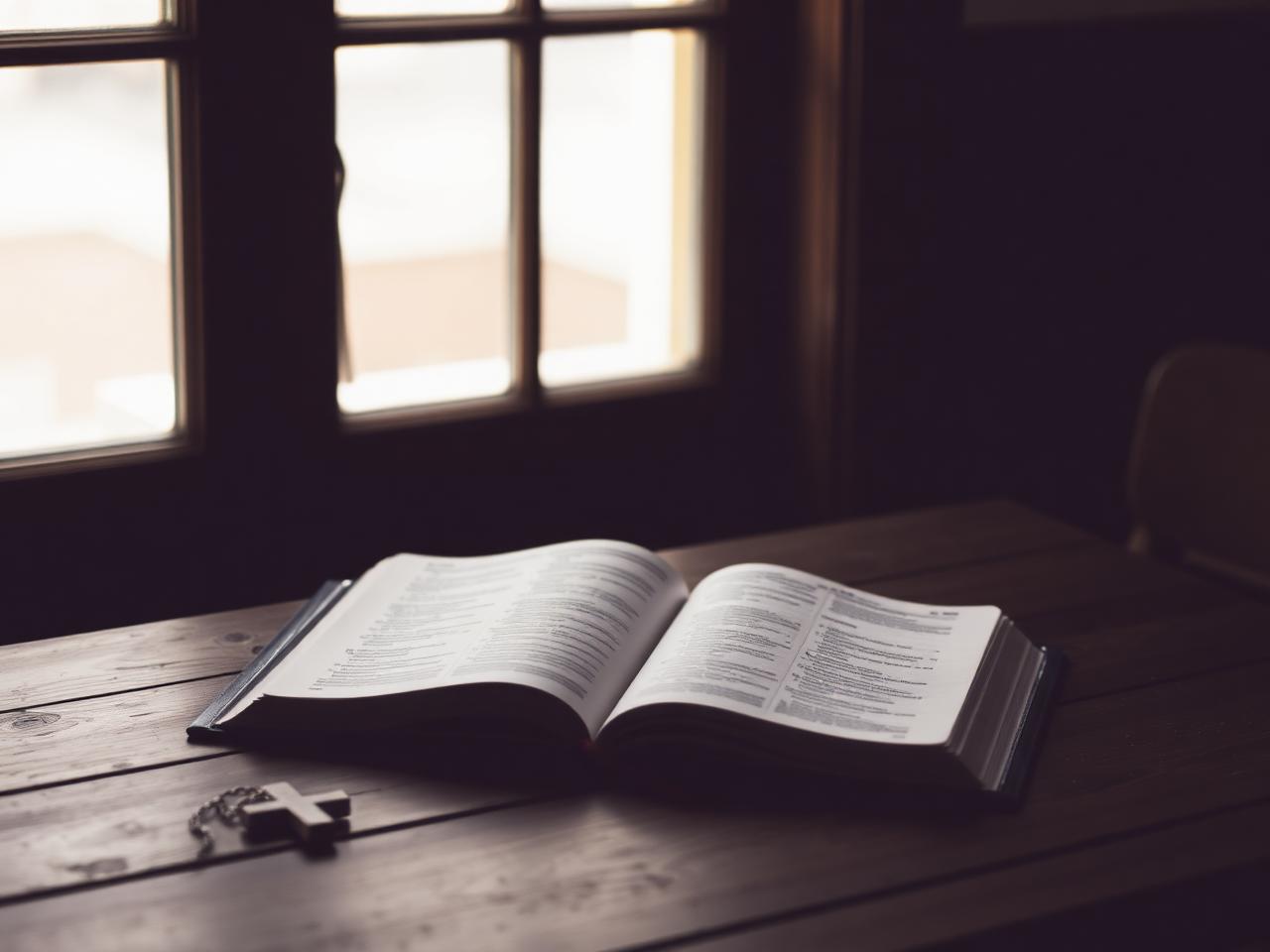 An open Bible on a wooden table in soft window light